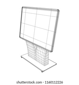 LCD Screen Stand. Trade Show Booth. Tv info kiosk wireframe low poly mesh vector illustration