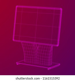 LCD Screen Stand. Trade Show Booth. Tv info kiosk wireframe low poly mesh vector illustration