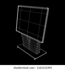 LCD Screen Stand. Trade Show Booth. Tv info kiosk wireframe low poly mesh vector illustration