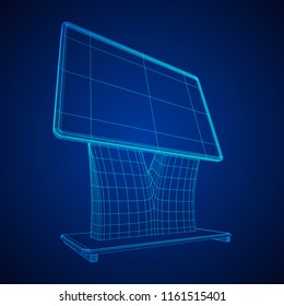 LCD Screen Stand. Trade Show Booth. Tv info kiosk wireframe low poly mesh vector illustration