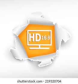 LCD tv full HD and breakthrough paper hole with ragged edges with a space for your message.