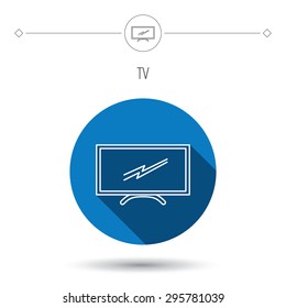 Lcd tv icon. Led monitor sign. Widescreen display symbol. Blue flat circle button. Linear icon with shadow. Vector