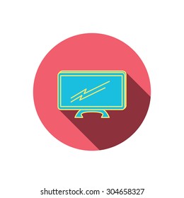Lcd tv icon. Led monitor sign. Widescreen display symbol. Red flat circle button. Linear icon with shadow. Vector