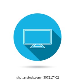 Lcd tv icon. Led monitor sign. Widescreen display symbol. Blue flat circle button with shadow. Vector