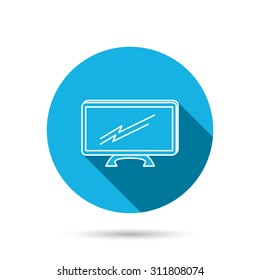 Lcd tv icon. Led monitor sign. Widescreen display symbol. Blue flat circle button with shadow. Vector