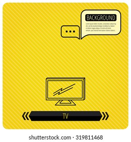 Lcd tv icon. Led monitor sign. Widescreen display symbol. Chat speech bubbles. Orange line background. Vector.