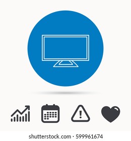 Lcd tv icon. Led monitor sign. Widescreen display symbol. Calendar, attention sign and growth chart. Button with web icon. Vector