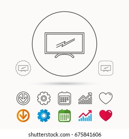 Lcd tv icon. Led monitor sign. Widescreen display symbol. Calendar, Graph chart and Cogwheel signs. Download and Heart love linear web icons. Vector