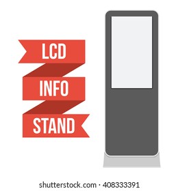 LCD TV Info Floor Stand. Blank Trade Show Booth. Vector illustration of kiosk machine isolated on white background. Ad template for your expo design with ribbon banner text.