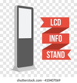 LCD TV Info Floor Stand. Blank Trade Show Booth. Vector illustration of kiosk machine on transparent background. Ad template for your expo design with ribbon banner text.