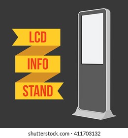 LCD TV Info Floor Stand. Blank Trade Show Booth. Vector illustration of kiosk machine on black background. Ad template for your expo design with ribbon banner text.