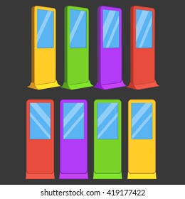 LCD TV Info Floor Stands in different colors. Blank Trade Show Booth Group. Vector illustration of kiosk machine on black background. Ad template for your expo design
