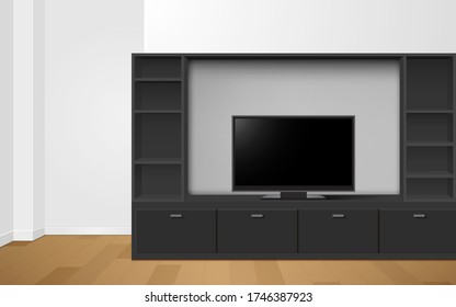 Lcd Tv On Black Showcase And Cabinet In The Livingroom