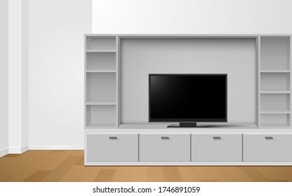 lcd tv on white showcase and cabinet in the livingroom