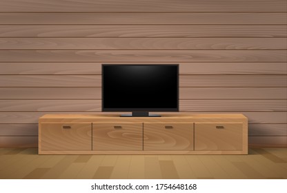 lcd tv on the wooden showcase and cabinet in the livingroom	