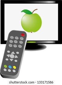 Lcd tv with remote control and green apple on screen, vector illustration