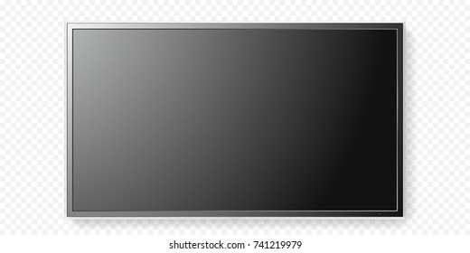 LCD TV screen isolated on transparent background. Vector flat black television panel with glass border. Realistic 3D blank LED smart hdtv display with mat texture surface. Smart TV mockup model