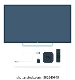 LCD TV With Set-top Box, Remote Control, Flash Drive And USB Cable Vector Flat Material Design Isolated On White