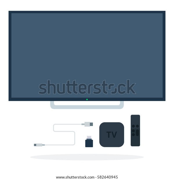 LCD TV with\
Set-top box, remote control, flash drive and USB cable vector flat\
material design isolated on\
white