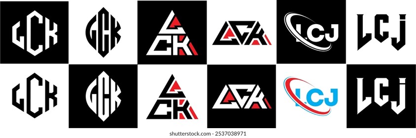 LCJ letter logo design in six style. LCJ polygon, circle, triangle, hexagon, flat and simple style with black and white color variation letter logo set in one artboard. LCJ minimalist and classic logo