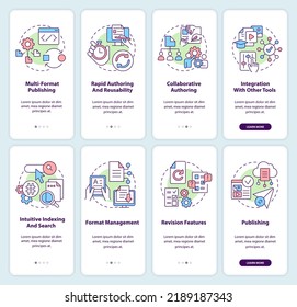 LCMS y CMS presentan el juego de pantalla de aplicaciones móviles en conexión. Recorrido de integración 4 pasos instrucciones gráficas editables con conceptos lineales. UI, UX, plantilla GUI. Multitud de tipos de letra Pro-Bold, con uso regular