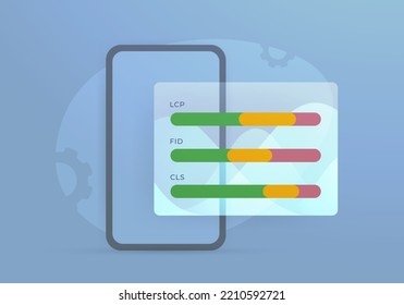 LCP, FID, CLS - Métodos de medición del rendimiento del sitio Web de los Web Vitals básicos. Smartphone con resultados de escaneo de la versión del sitio web móvil. Concepto de ilustración de vector