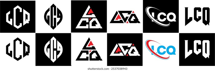 LCQ letter logo design in six style. LCQ polygon, circle, triangle, hexagon, flat and simple style with black and white color variation letter logo set in one artboard. LCQ minimalist and classic logo