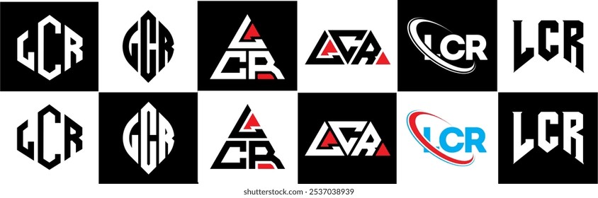 LCR letter logo design in six style. LCR polygon, circle, triangle, hexagon, flat and simple style with black and white color variation letter logo set in one artboard. LCR minimalist and classic logo