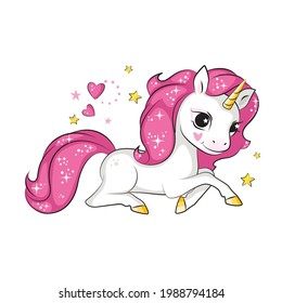 The lcute little unicorn lies on its stomach. Isolated. Beautiful picture for your design.  