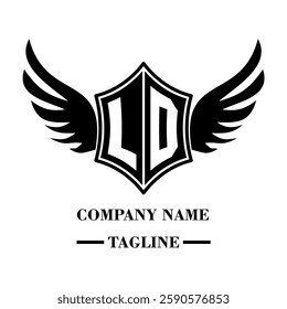 LD bold shield logo with wings, customizable with letters A to Z. Perfect for brands seeking a powerful symbol of strength, freedom, and ambition