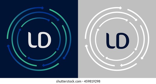 LD design template elements in abstract background logo, design identity in circle, letters business logo icon, blue/green alphabet letters, simplicity graphics