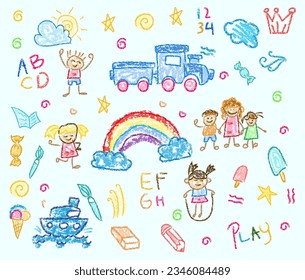 ld drawings with crayon. Kids doodle drawing, children crayon drawing and hand drawn kid ice cream, train, rainbow and ship pastel pencil doodle vector illustration