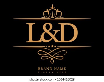 L&D Initial logo, Ampersand initial logo gold with crown and classic pattern