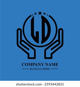 LD initials held within hands, symbolizing trust and protection. The circle represents unity, while stars highlight excellence and ambition.
