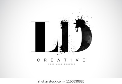 LD L D Letter Logo Design with Black Ink Watercolor Splash Spill Vector Illustration.