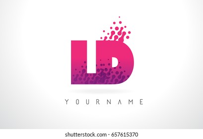 LD L D Letter Logo with Pink Letters and Purple Color Particles Dots Design.