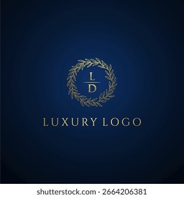 LD letter monogram luxury wedding with creative circle leaf gold