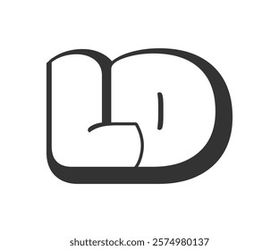 LD logo, bubble comic lettering, rounded in graffiti style black and white silhouette. Trendy preschool L and D letter text for festival party, personal initials, children funky print and web. 