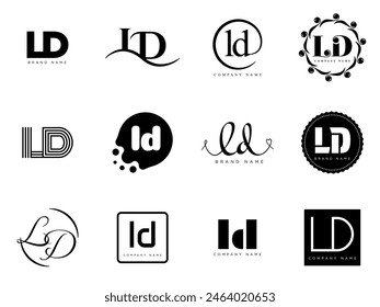 LD logo company template. Letter l and d logotype. Set different classic serif lettering and modern bold text with design elements. Initial font typography. Collection trendy business identity.