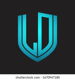 LD Logo monogram with emblem shield design isolated with blue colors on black background