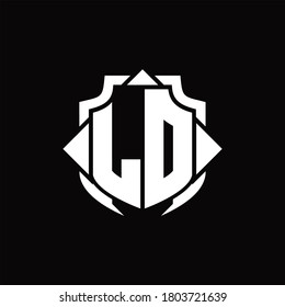 LD logo monogram with shield line and 3 arrows shape design template on black background