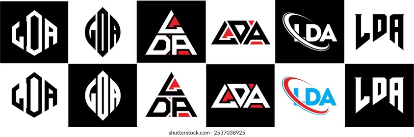 Design de logotipo de letra LDA em estilo seis. Polígono LDA, círculo, triângulo, hexágono, estilo simples e plano com logotipo de letra de variação de cor preta e branca definido em uma prancheta. Logotipo minimalista e clássico de LDA