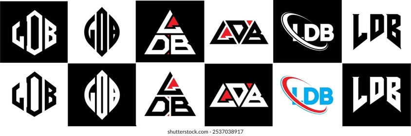 LDB letter logo design in six style. LDB polygon, circle, triangle, hexagon, flat and simple style with black and white color variation letter logo set in one artboard. LDB minimalist and classic logo