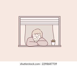 lderly people looking out the window. Hand drawn style vector design illustrations.