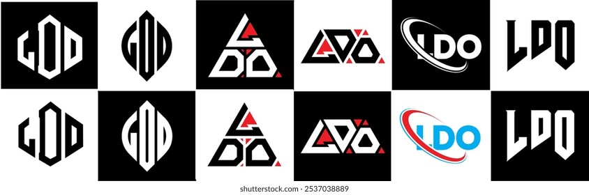 Design de logotipo de letra LDO em estilo seis. LDO polígono, círculo, triângulo, hexágono, plano e estilo simples com cor preta e branca variação letra logotipo definido em uma prancheta. Logotipo minimalista e clássico de LDO