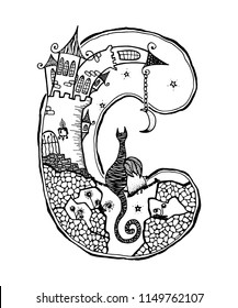 lDoodle style illustration of a little girl with cat look at the moon  sitting on the bridge, castle in the shape of letter C, vector illustration