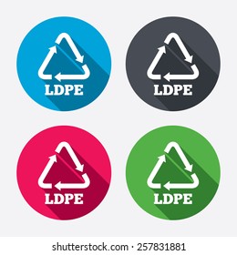 Ld-pe icon. Low-density polyethylene sign. Recycling symbol. Circle buttons with long shadow. 4 icons set. Vector