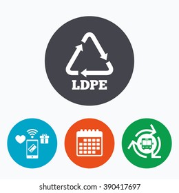 Ld-pe icon. Low-density polyethylene sign. Recycling symbol. Mobile payments, calendar and wifi icons. Bus shuttle.
