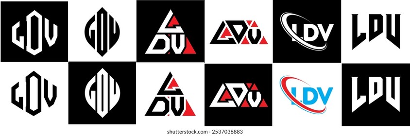 LDV letter logo design in six style. LDV polygon, circle, triangle, hexagon, flat and simple style with black and white color variation letter logo set in one artboard. LDV minimalist and classic logo