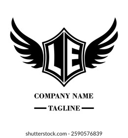 LE bold shield logo with wings, customizable with letters A to Z. Perfect for brands seeking a powerful symbol of strength, freedom, and ambition